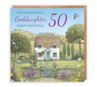 Hunts England - Artistic Traditional Goddaughter 50th Birthday Card - Thatched Cottage - Flowers, Gardening, Nature, Birds - Fifty, Age 50 - Female, For Her, Women - Milo's Gallery - 14.5 x 14.5 cm