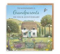 Hunts England - Artistic Traditional Grandparents Wedding Anniversary Card - Thatched Cottage - Flowers, Gardening, Nature, Birds - For Him, Her, Men, Women - Milo's Gallery - 14.5 x 14.5 cm