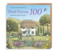 Hunts England - Artistic Traditional Great Granny 100th Birthday Card - Thatched Cottage - Flowers, Gardening, Nature, Birds - One Hundred, Age 100 - Female, For Her, Women - Milo's Gallery