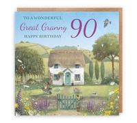 Hunts England - Artistic Traditional Great Granny 90th Birthday Card - Thatched Cottage - Flowers, Gardening, Nature, Birds - Ninety, Age 90 - Female, For Her, Women - Milo's Gallery - 14.5 x 14.5 cm