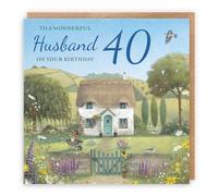 Hunts England - Artistic Traditional Husband 40th Birthday Card - Thatched Cottage - Flowers, Gardening, Nature, Birds - Forty, Age 40 - Male, For Him, Men - Milo's Gallery - 14.5 x 14.5 cm