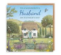 Hunts England - Artistic Traditional Husband Father's Day Card - Thatched Cottage - Flowers, Gardening, Nature, Birds - Male, For Him, Men - Milo's Gallery - 14.5 x 14.5 cm