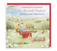 Hunts England - Artistic Traditional Husband Retirement Card - Congratulations - Meadow Picnic - Wine, Countryside, Artistic, Romantic - Male, For Him, Men - Milo's Gallery - 14.5 x 14.5 cm