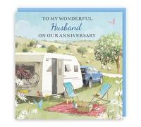 Hunts England - Artistic Traditional Husband Wedding Anniversary Card - Caravan Holiday - Flowers, Outdoors, Countryside, Picnic - Male, For Him, Men - Milo's Gallery - 14.5 x 14.5 cm