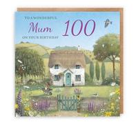 Hunts England - Artistic Traditional Mum 100th Birthday Card - Thatched Cottage - Flowers, Gardening, Nature, Birds - One Hundred, Age 100 - Female, For Her, Women - Milo's Gallery - 14.5 x 14.5 cm