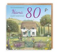 Hunts England - Artistic Traditional Nana 80th Birthday Card - Thatched Cottage - Flowers, Gardening, Nature, Birds - Eighty, Age 80 - Female, For Her, Women - Milo's Gallery - 14.5 x 14.5 cm