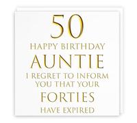 Hunts England - Auntie 50th Birthday Card - 50 Happy Birthday Auntie - I Regret To Inform You That Your Forties Have Expired - Milano Collection - Fun