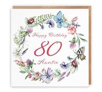 Hunts England - Auntie 80th Birthday Card - Happy Birthday - 80 - Auntie - Meadow Collection - Flowers, Butterflies, Pretty Card