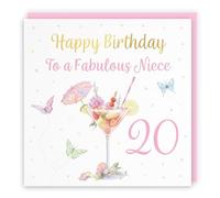 Hunts England Birthday Card for 20 Year Old Niece - Luxury Gold Foil, Pink Cocktail and Butterflies Design - Milo's Gallery