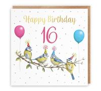 Hunts England - Blue Tits Funny 16th Birthday Card - Gold Foil - Milo's Gallery - Age 16 Wildlife Birds Female Birthday Card - Birthday Card For 16 Year Old Animal Fan - Age Sixteen - For Her