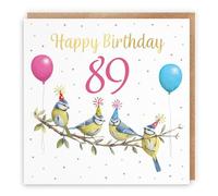 Hunts England - Blue Tits Funny 89th Birthday Card - Gold Foil - Milo's Gallery - Age 89 Birds Female Birthday Card - For 89 Year Old Animal Fan - Age Eighty Nine - For Her