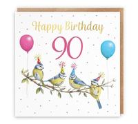 Hunts England - Blue Tits Funny 90th Birthday Card - Gold Foil - Milo's Gallery - Age 90 Wildlife Birds Female Birthday Card - For 90 Year Old Animal Fan - Age Ninety - For Her
