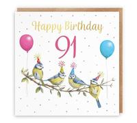 Hunts England - Blue Tits Funny 91st Birthday Card - Gold Foil - Milo's Gallery - Age 91 Birds Female Birthday Card - For 91 Year Old Animal Fan - Age Ninety One - For Her