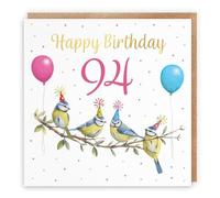 Hunts England - Blue Tits Funny 94th Birthday Card - Gold Foil - Milo's Gallery - Age 94 Birds Female Birthday Card - For 94 Year Old Animal Fan - Age Ninety Four - For Her