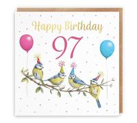 Hunts England - Blue Tits Funny 97th Birthday Card - Gold Foil - Milo's Gallery - Age 97 Birds Female Birthday Card - For 97 Year Old Animal Fan - Age Ninety Seven - For Her