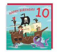 Hunts England - Boys Pirate Ship 10th Birthday Card - Happy Birthday Matey - 10 - Pirate Ship On High Seas - Age 10 - Imagination Collection