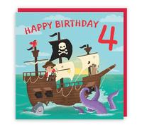 Hunts England - Boys Pirate Ship 4th Birthday Card - Happy Birthday - 4 - Pirate Ship On High Seas - Age 4 - Imagination Collection