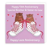 Hunts England - Brother And Sister In Law 13th Anniversary Card - Lace Anniversary - 13 Years - Cute Fun Bears Card For Brother & Sister-in-Law - Love Story Collection