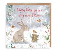 Hunts England - Carer Cute Hare Christmas Card - Nature's Treasures - For Her, Him, Female, Male - Happy Animal Wildlife Cute Merry Xmas Card - Robins And Snow
