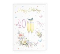 Hunts England - Champagne Flutes Pretty 40th Birthday Card - Gold Foil - Milo's Gallery - Age 40 Butterflies, Hearts, Flowers Female Birthday Card - For 40 Year Old - A5 Size