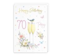Hunts England - Champagne Flutes Pretty 70th Birthday Card - Gold Foil - Milo's Gallery - Age 70 Butterflies, Hearts, Flowers Female Birthday Card - For 70 Year Old - A5 Size