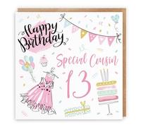 Hunts England - Cousin 13th Female Birthday Card - For Her - Happy Birthday - Special Cousin - 13 - Party Collection - Fun, Pink Dress, Cake Pretty Card