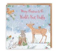 Hunts England - Cute Deer Daddy Christmas Card - Nature's Treasures - Happy Animal Wildlife Fun Merry Xmas Card - From Child, Kid, Toddler - From Boy, Girl, Son, Daughter - Robin, Rabbit, Squirrel