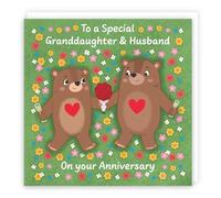 Hunts England - Cute Flowery Bears Granddaughter And Husband Anniversary Card - Fun Bears Anniversary Card - Love Story Collection