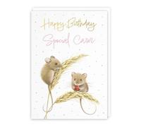 Hunts England - Cute Harvest Mice Female Carer Gold Foil Birthday Card For Her - Pink - A5 Size - Adorable Mouse On Wheat, Colourful Nature Design - Happy Birthday Card For Women - Milo's Gallery