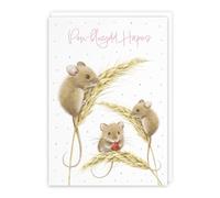 Hunts England - Cute Harvest Mice Female Welsh Birthday Card - Pink - A5 Size - Adorable Mouse On Wheat Nature Design - Welsh Language Birthday Card - For Women, Girls - Pen-blwydd Hapus