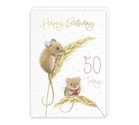 Hunts England - Cute Harvest Mice Pink 50th Gold Foil Birthday Card For Her - A5 Size - Adorable Mouse On Wheat, Colourful Nature Design - Age 50 Happy Birthday Card - Milo's Gallery