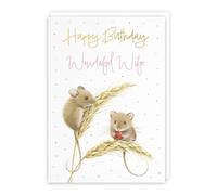 Hunts England - Cute Harvest Mice Wife Gold Foil Birthday Card For Her - A5 Size - Adorable Mouse On Wheat, Colourful Nature Design - Happy Birthday Card For Women - Milo's Gallery