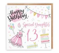 Hunts England - Daughter 13th Birthday Card - Happy Birthday - Special Daughter - 13 - Party Collection - Fun, Pink Dress, Cake Pretty Card