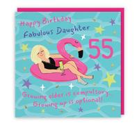 Hunts England Daughter 55th Birthday Card Flamingo Float Funny Cheeky | Laugh Out Loud, Funny, Colourful, Pink, Drink, Fun, Fifty Five, Age 55, Female, For Her, Women, 14.5 x 14.5 cm