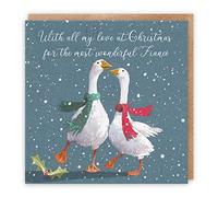 Hunts England Fiancé Stunning Artistic Christmas Card - With All My Love At Christmas For The Most Wonderful Fiancé - Romantic Verse Inside Card - Festive Geese - Milo's Gallery Collection