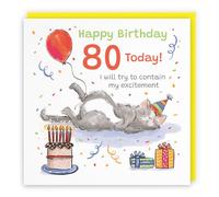 Hunts England - Funny 80th Birthday Card - Sleepy Cat - Cake, Colourful, Presents, Balloon - Eighty, Age 80 - For Him, Her, Men, Women - Animal Party - 14.5 x 14.5 cm