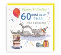Hunts England - Funny Daddy 60th Birthday Card - Sleepy Cat - Cake, Colourful, Presents, Balloon - Sixty, Age 60 - Male, For Him, Men - Animal Party - 14.5 x 14.5 cm