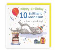 Hunts England - Funny Grandson 10th Birthday Card - Sleepy Cat - Cake, Colourful, Presents, Balloon - Tenth, Age 10, Ten - Male, For Him, Boys, Kids, Children - Animal Party - 14.5 x 14.5 cm