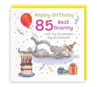 Hunts England - Funny Granny 85th Birthday Card - Sleepy Cat - Cake, Colourful, Presents, Balloon - Eighty Five, Age 85 - Female, For Her, Women - Animal Party - 14.5 x 14.5 cm