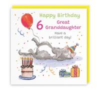 Hunts England - Funny Great Granddaughter 6th Birthday Card - Sleepy Cat - Cake, Colourful, Presents, Balloon - Sixth, Age 6, Six - Female, For Her, Girls, Kids, Children - Animal Party