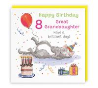 Hunts England - Funny Great Granddaughter 8th Birthday Card - Sleepy Cat - Cake, Colourful, Presents, Balloon - Eighth, Age 8, Eight - Female, For Her, Girls, Kids, Children - Animal Party