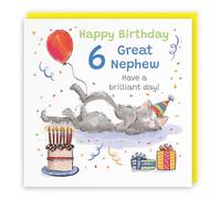 Hunts England - Funny Great Nephew 6th Birthday Card - Sleepy Cat - Cake, Colourful, Presents, Balloon - Sixth, Age 6, Six - Male, For Him, Boys, Kids, Children - Animal Party - 14.5 x 14.5 cm