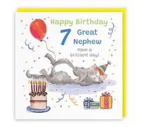 Hunts England - Funny Great Nephew 7th Birthday Card - Sleepy Cat - Cake, Colourful, Presents, Balloon - Seventh, Age 7, Seven - Male, For Him, Boys, Kids, Children - Animal Party - 14.5 x 14.5 cm