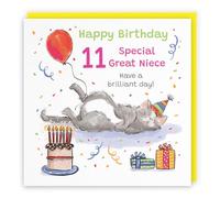 Hunts England - Funny Great Niece 11th Birthday Card - Sleepy Cat - Cake, Colourful, Presents, Balloon - Eleven, Age 11 - Female, For Her, Girls, Kids, Children - Animal Party - 14.5 x 14.5 cm