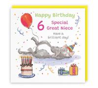 Hunts England - Funny Great Niece 6th Birthday Card - Sleepy Cat - Cake, Colourful, Presents, Balloon - Sixth, Age 6, Six - Female, For Her, Girls, Kids, Children - Animal Party - 14.5 x 14.5 cm