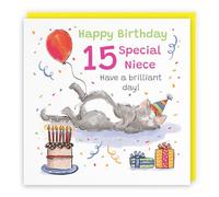 Hunts England - Funny Niece 15th Birthday Card - Sleepy Cat - Cake, Colourful, Presents, Balloon - Fifteen, Age 15 - Female, For Her, Girls, Kids, Children - Animal Party - 14.5 x 14.5 cm