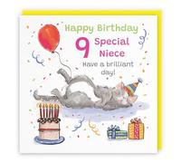 Hunts England - Funny Niece 9th Birthday Card - Sleepy Cat - Cake, Colourful, Presents, Balloon - Nineth, Age 9, Nine - Female, For Her, Girls, Kids, Children - Animal Party - 14.5 x 14.5 cm