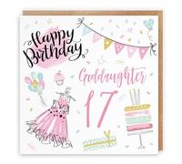 Hunts England - Goddaughter 17th Birthday Card - Happy Birthday - Goddaughter - 17 - Party Collection - Fun, Pink Dress, Cake Pretty Card