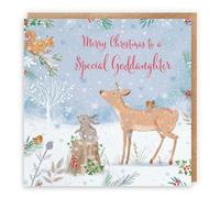 Hunts England - Goddaughter Cute Deer Christmas Card - Nature's Treasures - Happy Animal Wildlife Fun Merry Xmas Card - For Girl, Woman, Her, Child, Adult - Robin, Rabbit, Squirrel