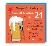 Hunts England Godson 21st Birthday Card Big Beer Funny Cheeky | Laugh Out Loud, Funny, Bold, Colourful, Humorous, Twenty First, Age 21, Male, For Him, Men, 14.5 x 14.5 cm